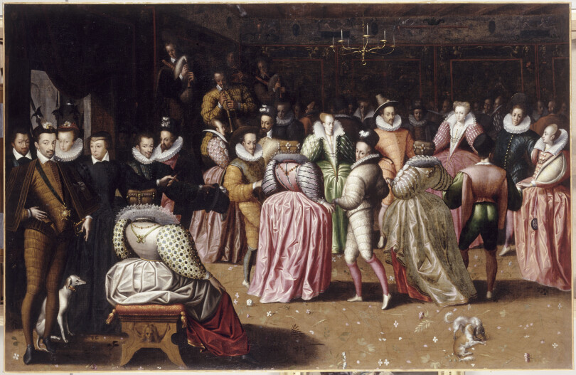 Sous les règnes de François Ier et Henri II, puis sous la régence de Catherine de Médicis, la Cour danse la galante ou la branle dans la grande salle de bal de Fontainebleau. Ici, détail, Bal à la Cour des Valois, anonyme.